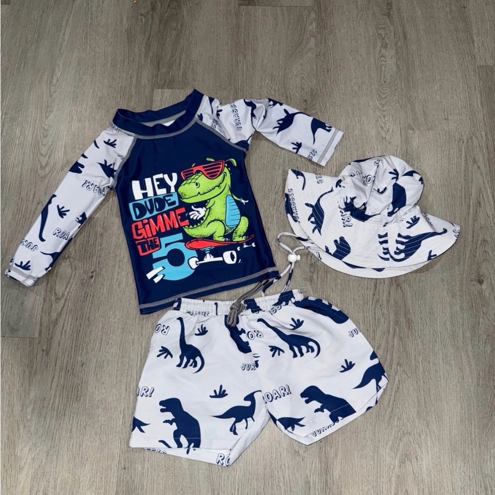 Baby Boys 3 Piece Dinosaur Print Kids Swim Rashguard Trunk Set Blue and White